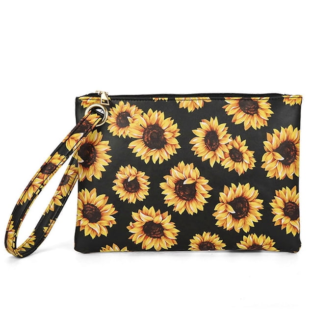 Sunflower Print Zip Wristlet Clutch
